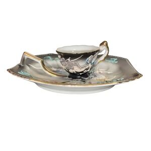 Vintage Acra China Japan Dragon Moriage Snack Set‎ Tray and Cup Black Gold Grey